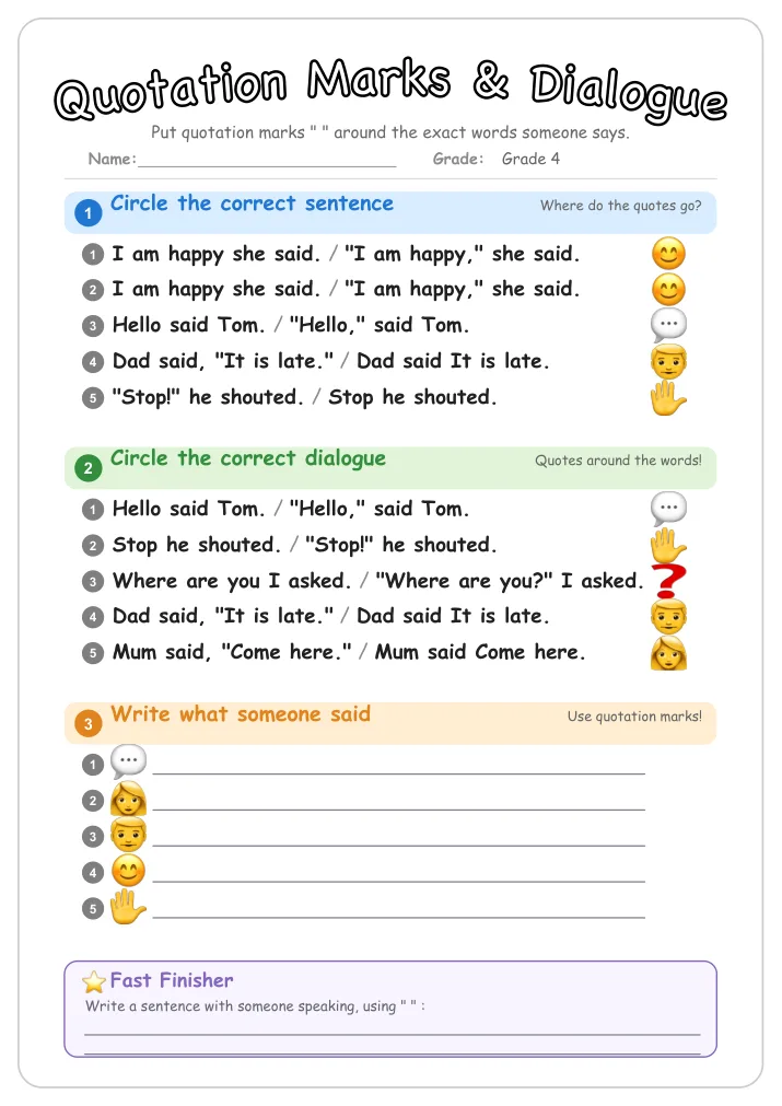 Quotation Marks & Dialogue grammar worksheet for Grade 4