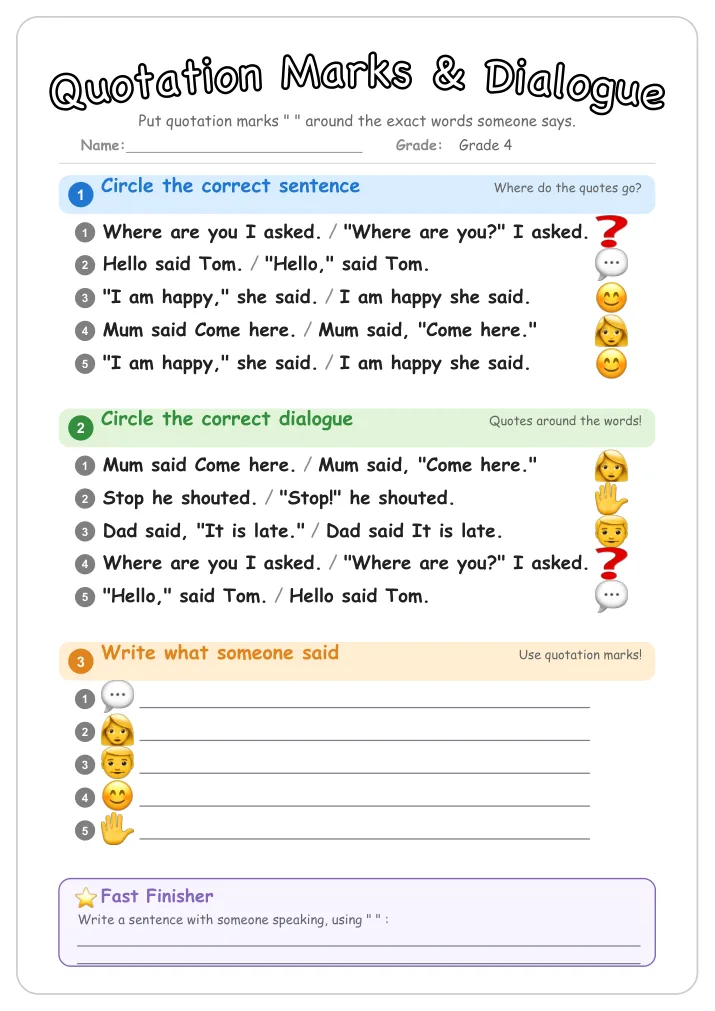 Quotation Marks & Dialogue grammar worksheet for Grade 4