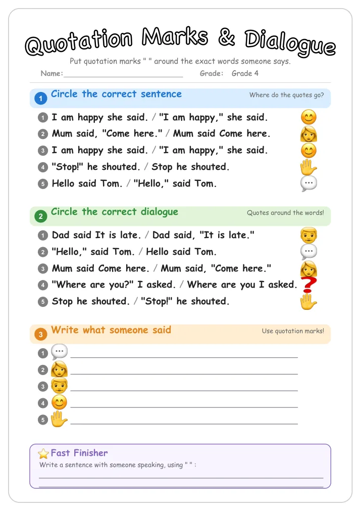 Quotation Marks & Dialogue grammar worksheet for Grade 4