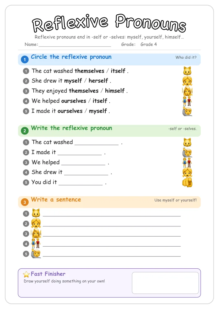 Reflexive Pronouns grammar worksheet for Grade 4