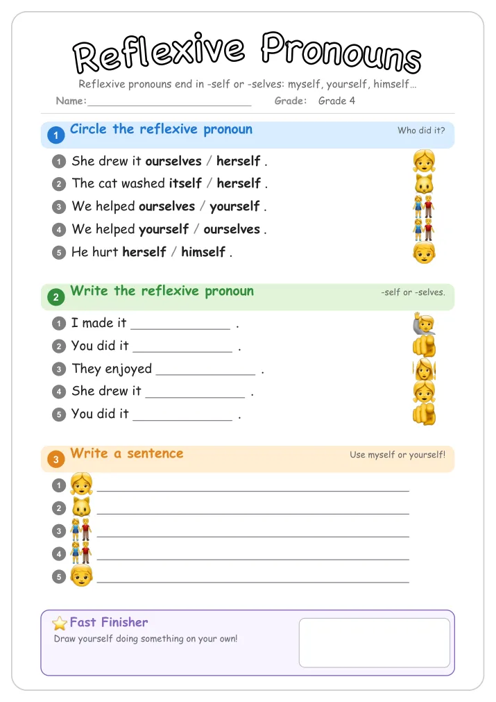 Reflexive Pronouns grammar worksheet for Grade 4