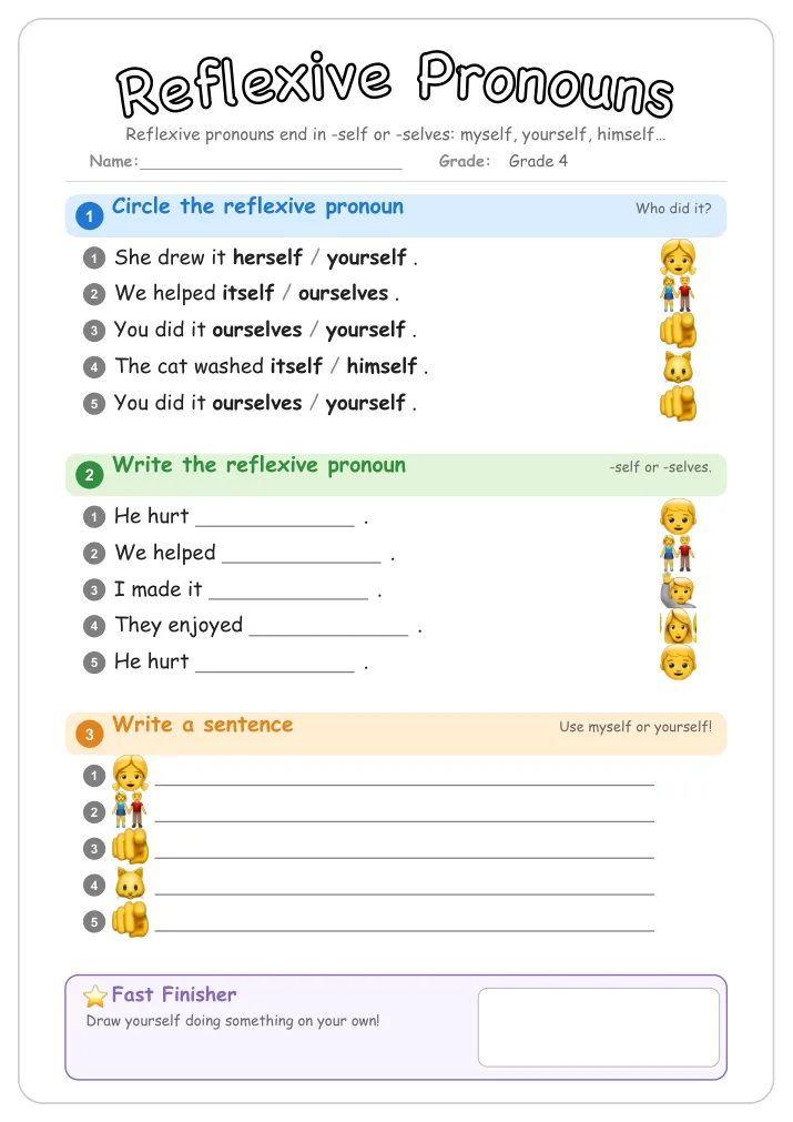 Reflexive Pronouns grammar worksheet for Grade 4