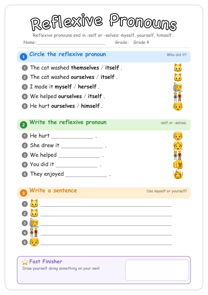 Reflexive Pronouns grammar worksheet for Grade 4