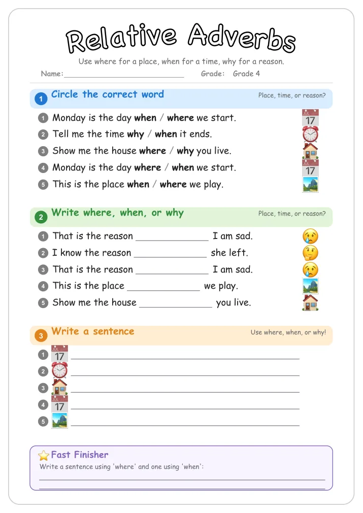 Relative Adverbs grammar worksheet for Grade 4