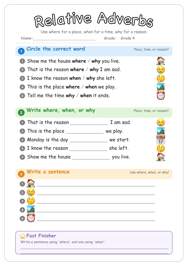 Relative Adverbs grammar worksheet for Grade 4