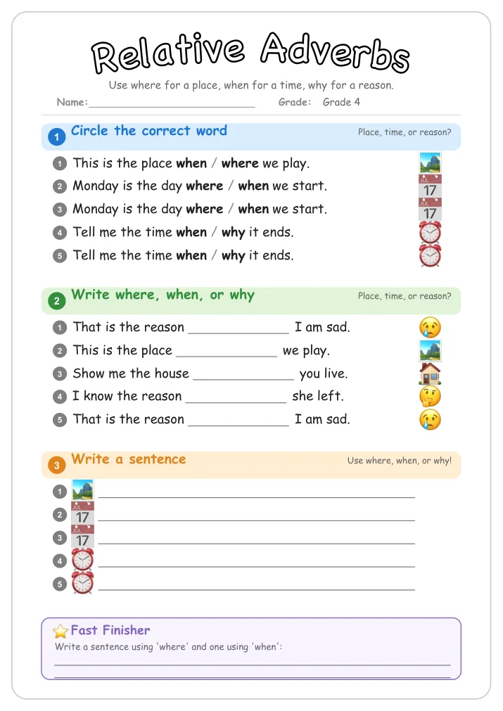 Relative Adverbs grammar worksheet for Grade 4