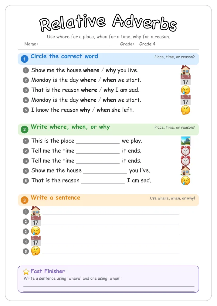 Relative Adverbs grammar worksheet for Grade 4