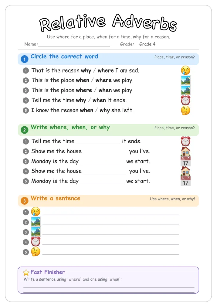 Relative Adverbs grammar worksheet for Grade 4