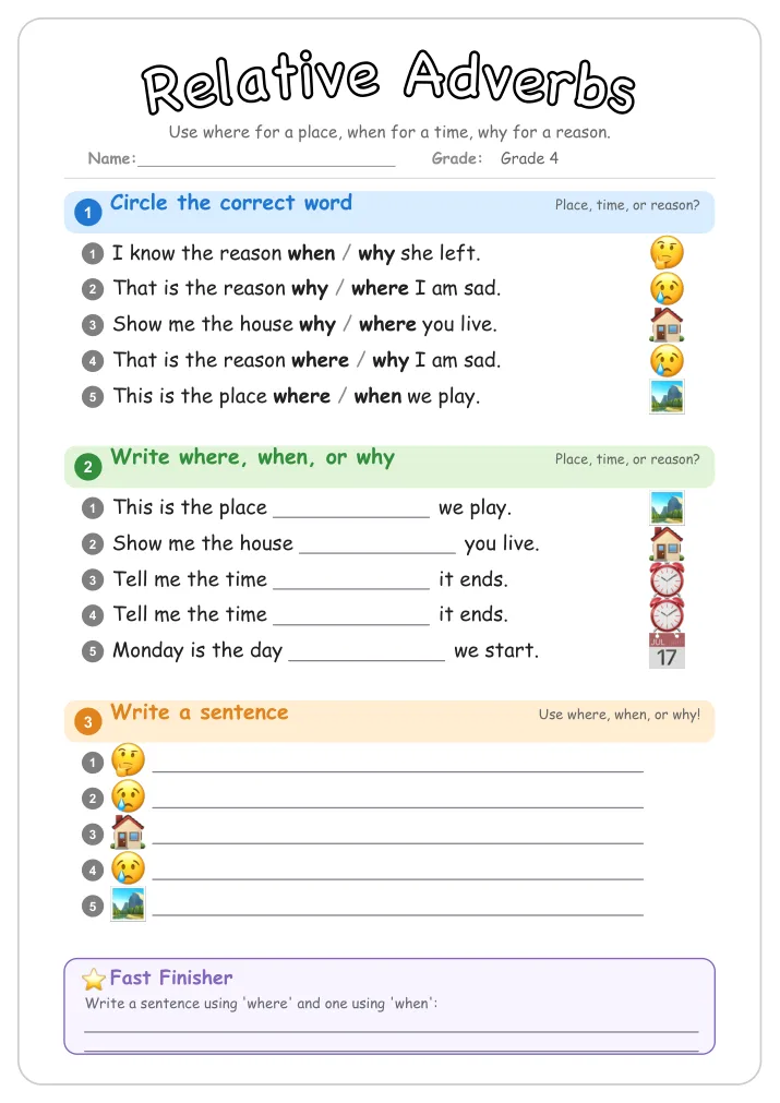 Relative Adverbs grammar worksheet for Grade 4