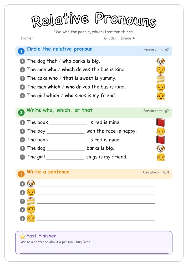 Relative Pronouns grammar worksheet for Grade 4