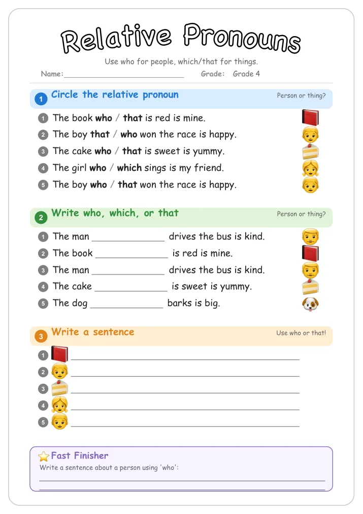Relative Pronouns grammar worksheet for Grade 4