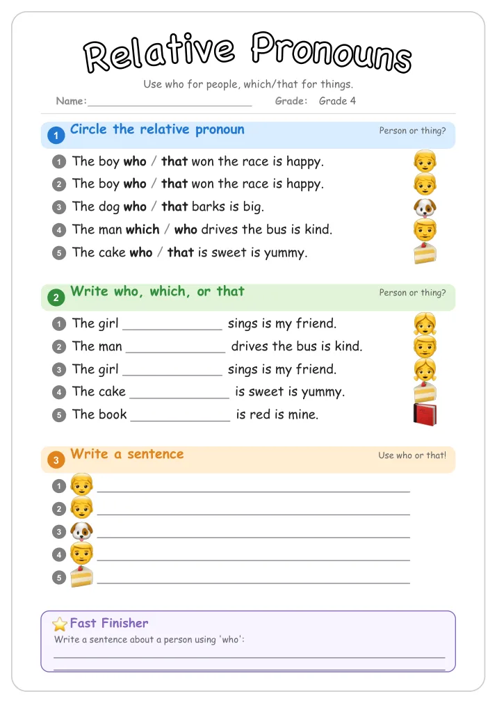 Relative Pronouns grammar worksheet for Grade 4