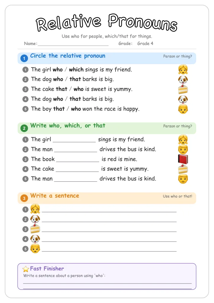 Relative Pronouns grammar worksheet for Grade 4