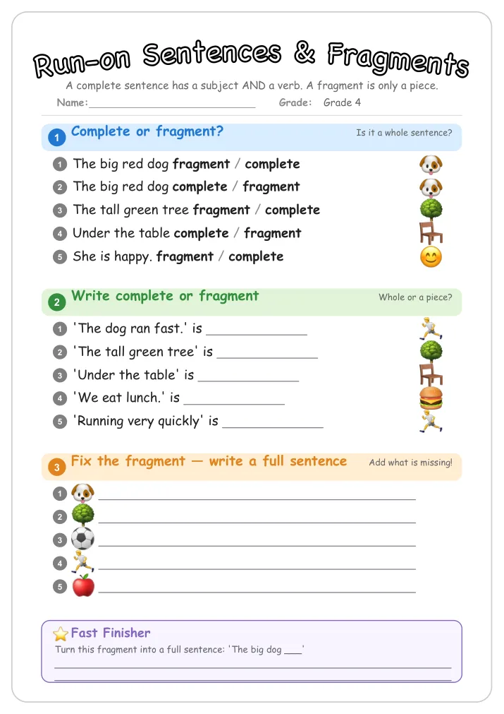 Run-on Sentences & Fragments grammar worksheet for Grade 4
