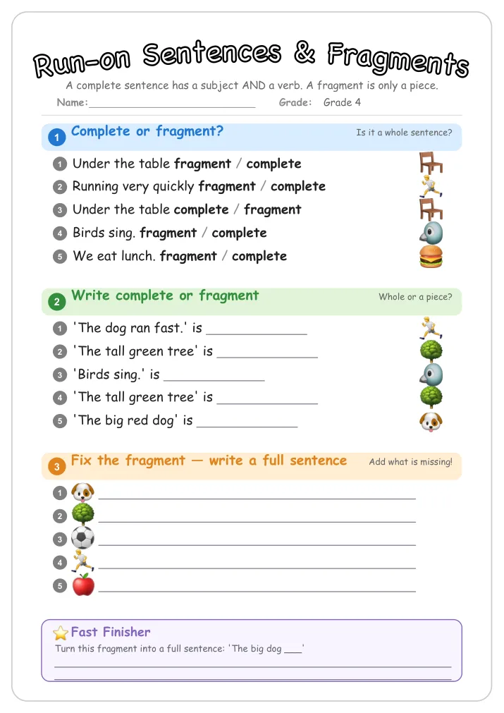 Run-on Sentences & Fragments grammar worksheet for Grade 4