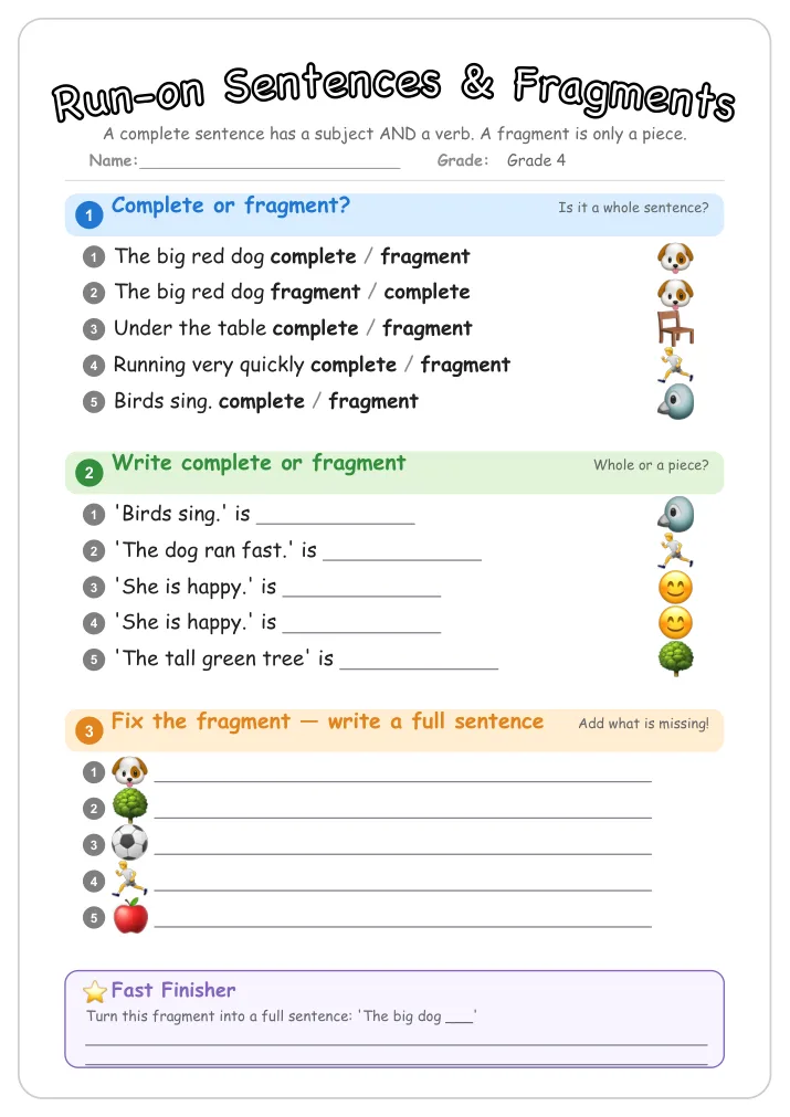 Run-on Sentences & Fragments grammar worksheet for Grade 4