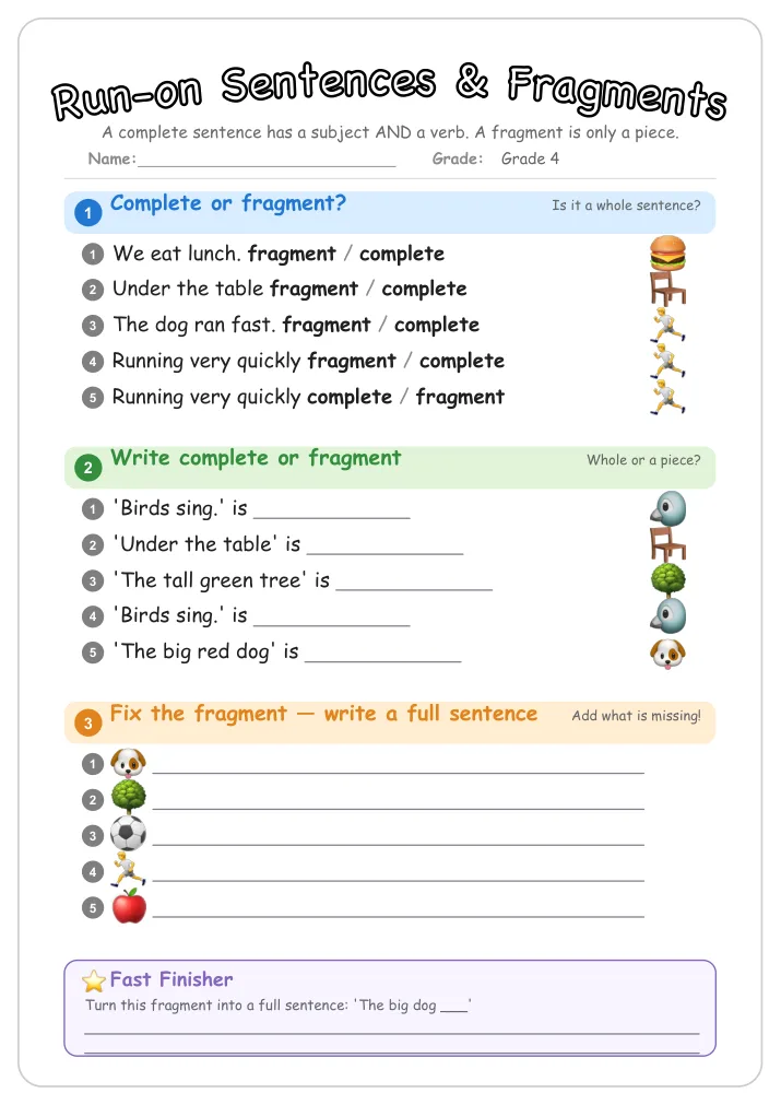 Run-on Sentences & Fragments grammar worksheet for Grade 4