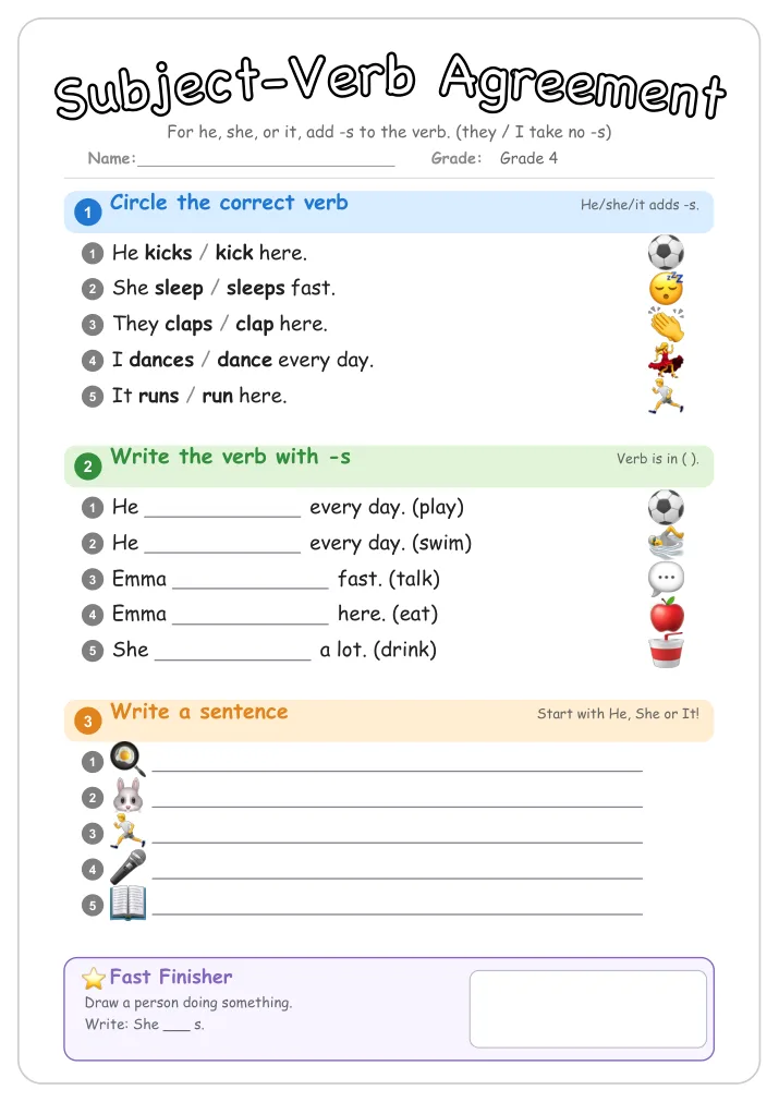 Subject-Verb Agreement grammar worksheet for Grade 4