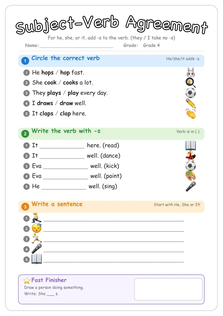 Subject-Verb Agreement grammar worksheet for Grade 4