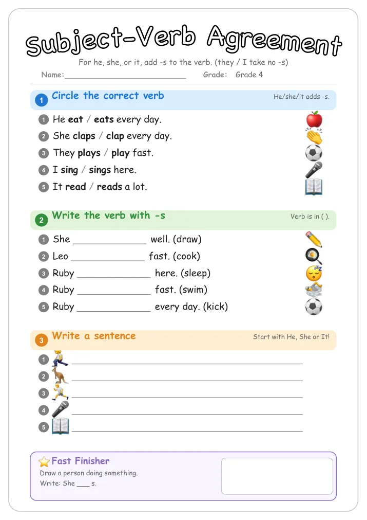 Subject-Verb Agreement grammar worksheet for Grade 4