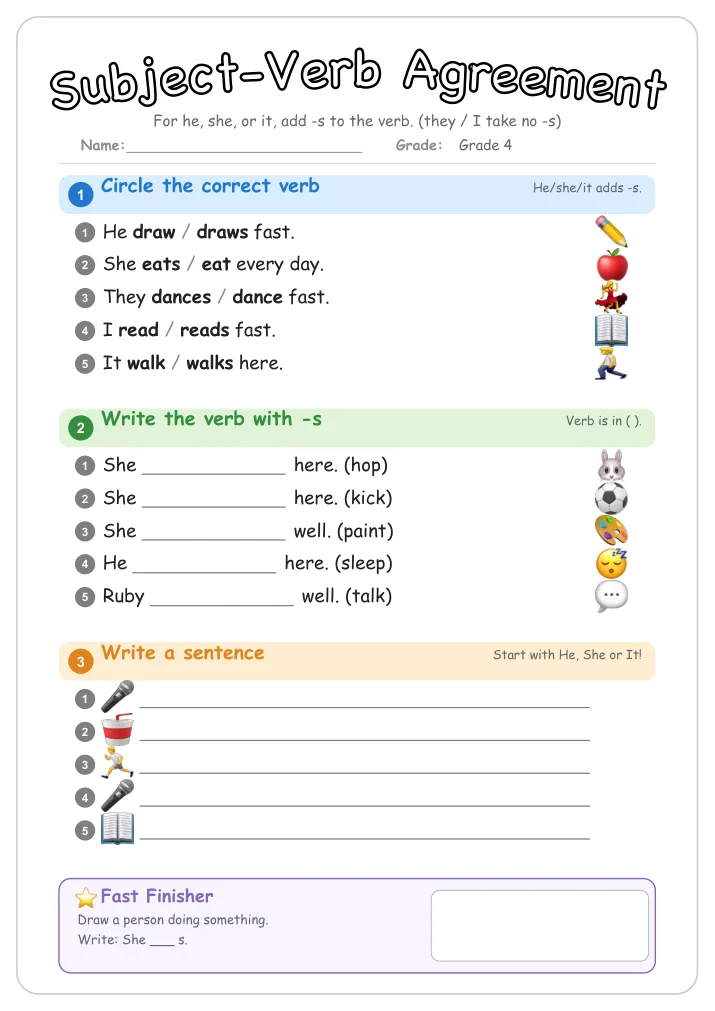 Subject-Verb Agreement grammar worksheet for Grade 4