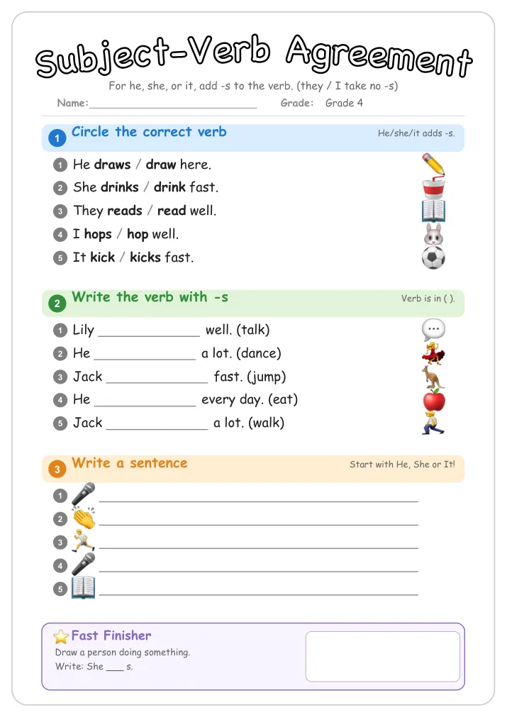 Subject-Verb Agreement grammar worksheet for Grade 4