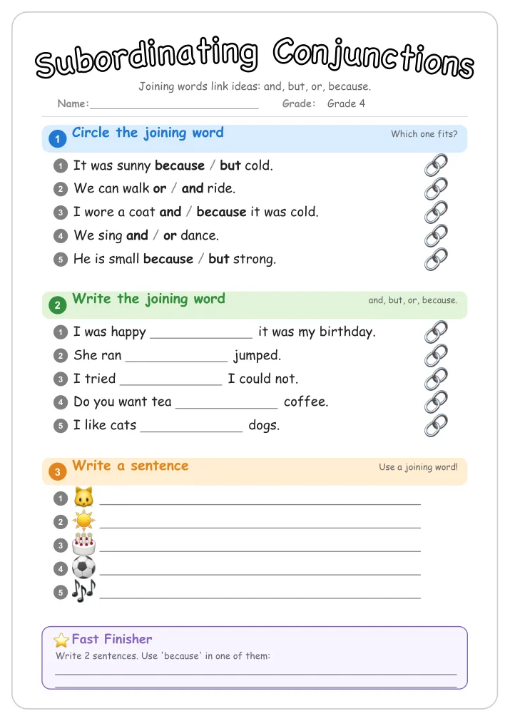 Subordinating Conjunctions grammar worksheet for Grade 4