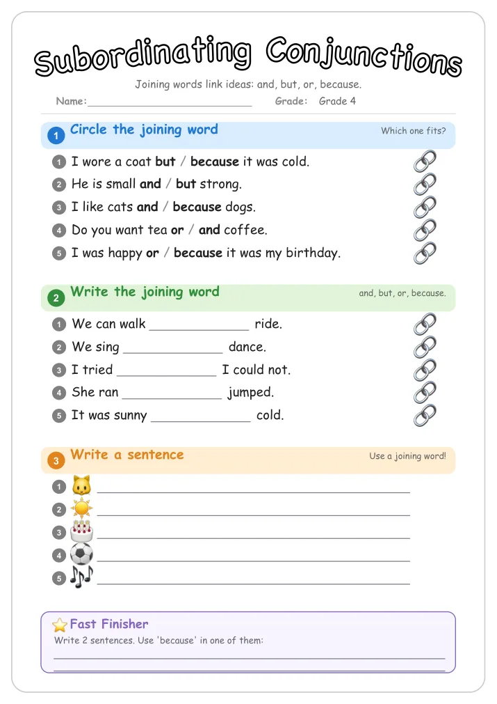 Subordinating Conjunctions grammar worksheet for Grade 4