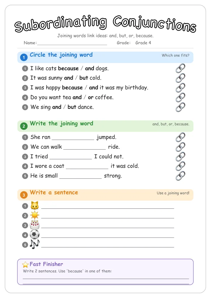 Subordinating Conjunctions grammar worksheet for Grade 4