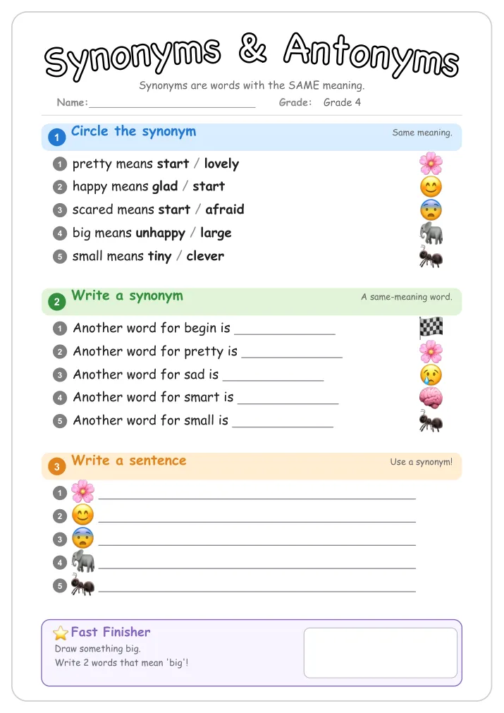 Synonyms & Antonyms grammar worksheet for Grade 4