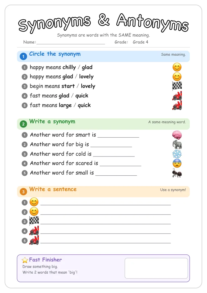 Synonyms & Antonyms grammar worksheet for Grade 4
