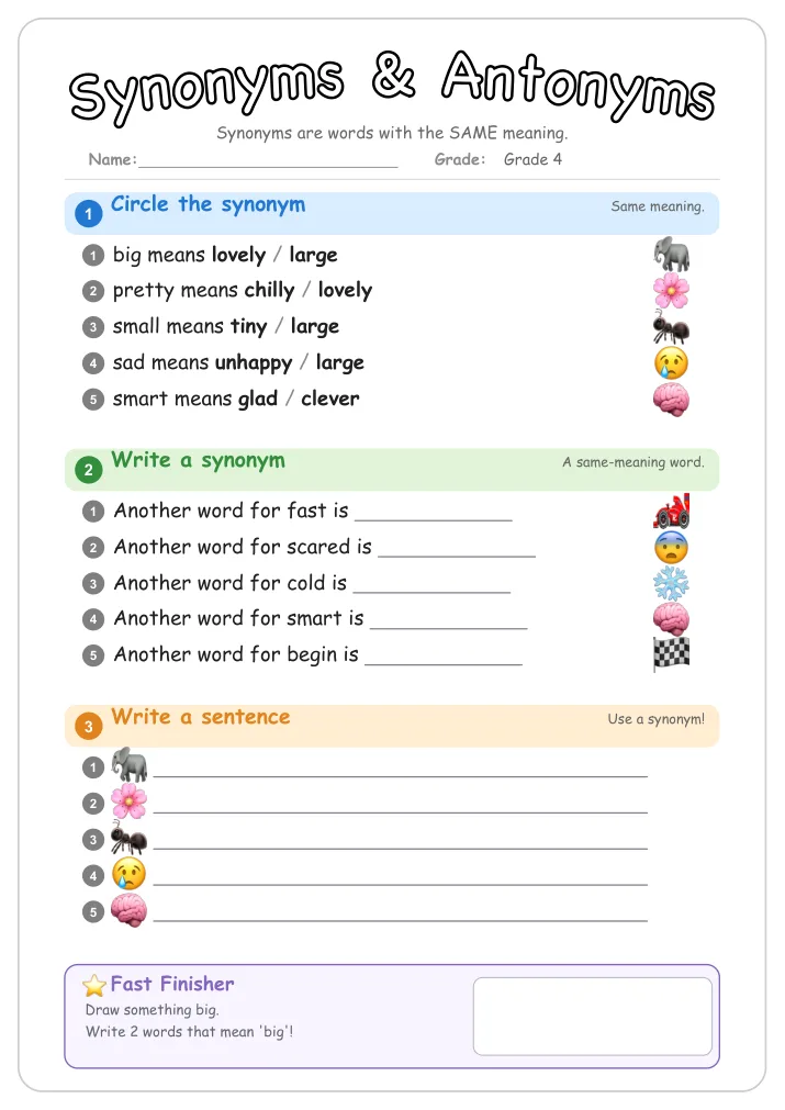 Synonyms & Antonyms grammar worksheet for Grade 4