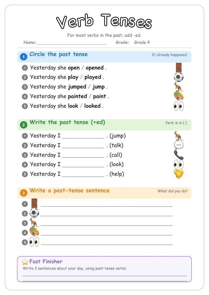 Verb Tenses grammar worksheet for Grade 4