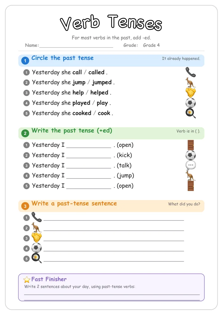 Verb Tenses grammar worksheet for Grade 4