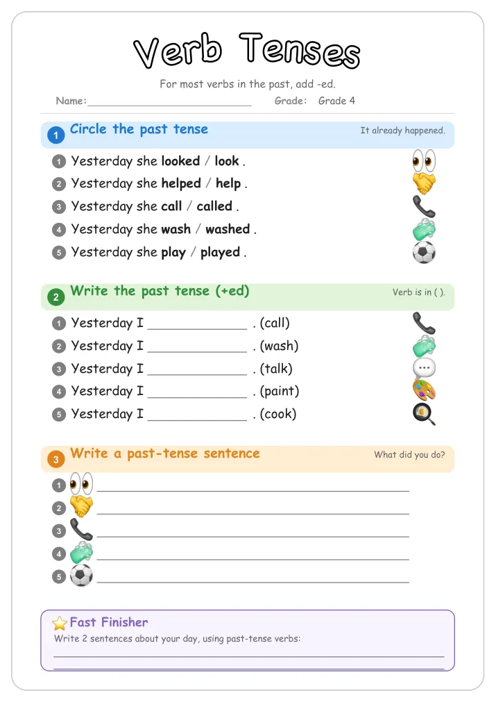 Verb Tenses grammar worksheet for Grade 4