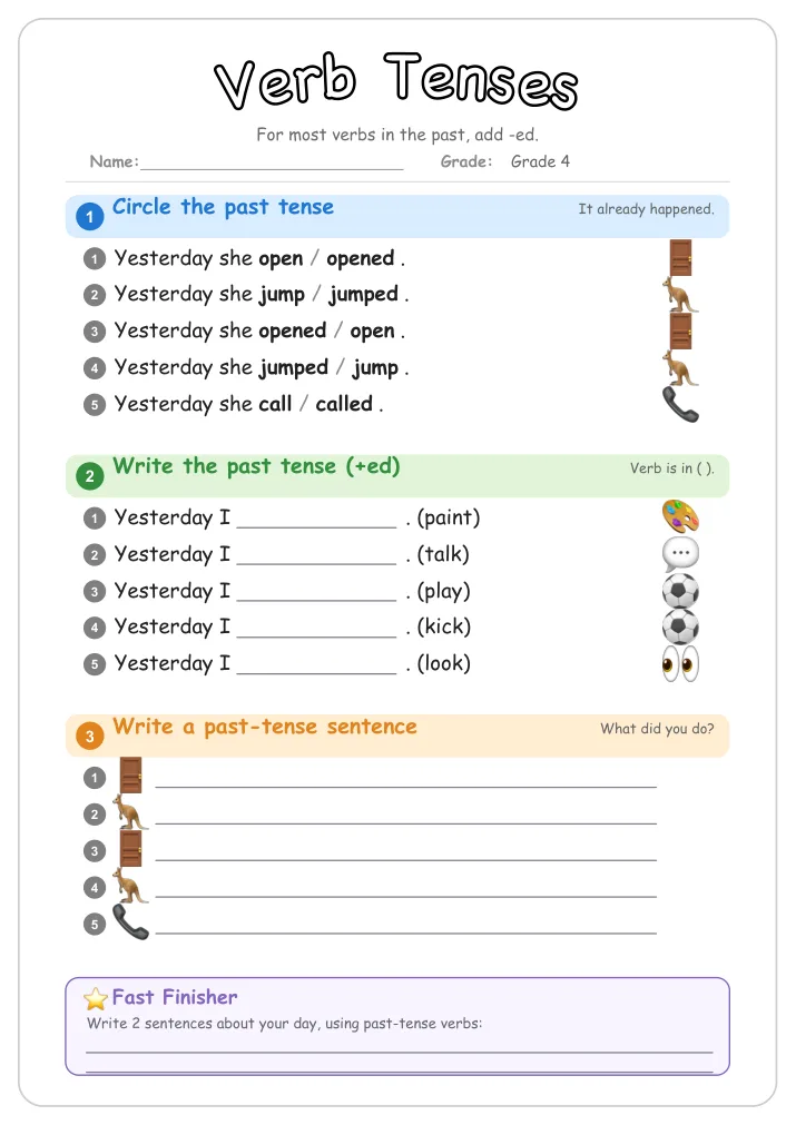 Verb Tenses grammar worksheet for Grade 4