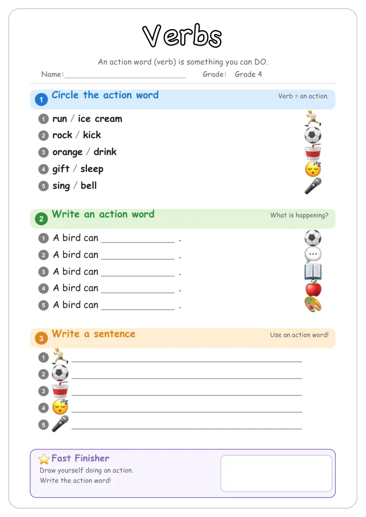 Verbs grammar worksheet for Grade 4