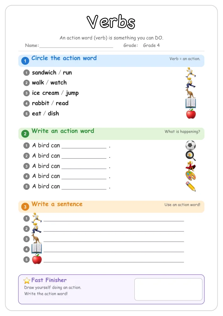 Verbs grammar worksheet for Grade 4