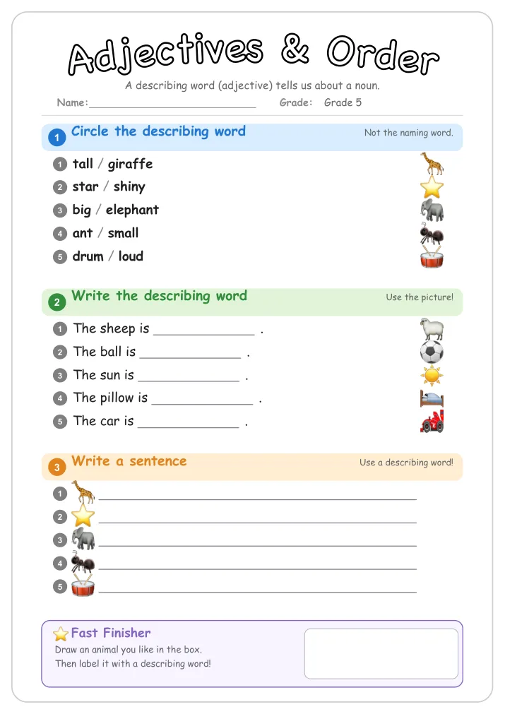 Adjectives & Order grammar worksheet for Grade 5