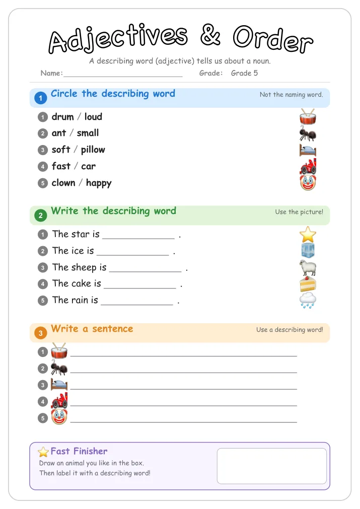 Adjectives & Order grammar worksheet for Grade 5