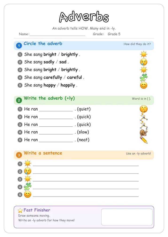 Adverbs grammar worksheet for Grade 5