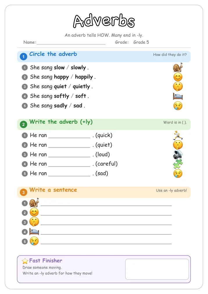 Adverbs grammar worksheet for Grade 5