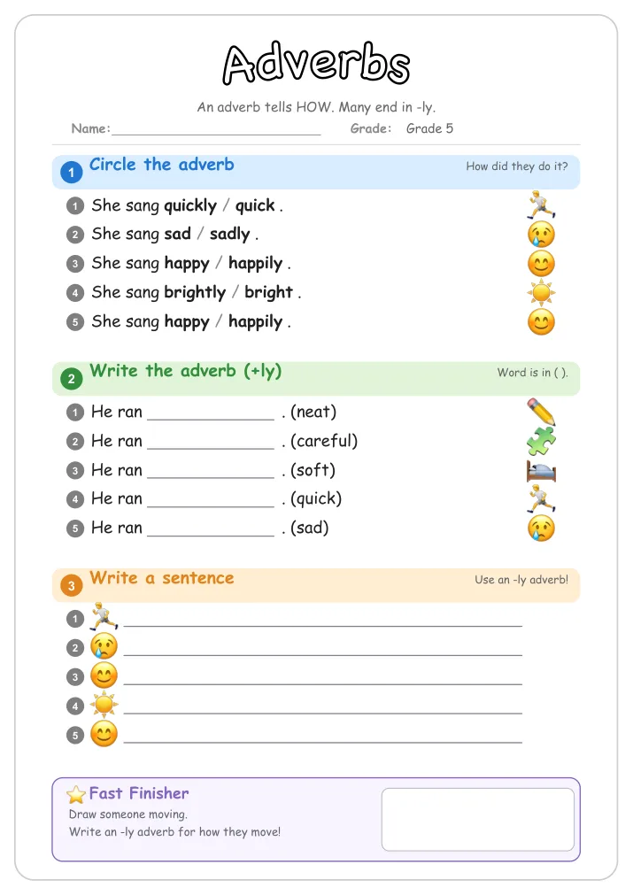 Adverbs grammar worksheet for Grade 5