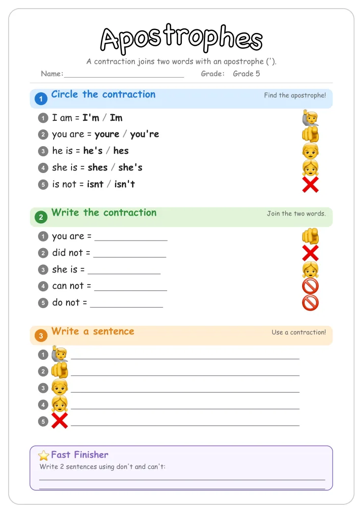 Apostrophes grammar worksheet for Grade 5