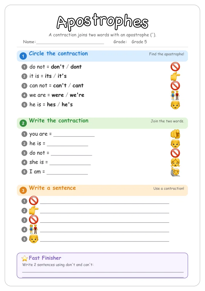 Apostrophes grammar worksheet for Grade 5