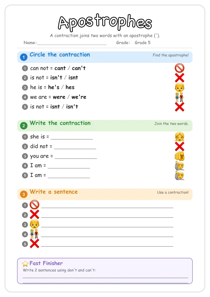 Apostrophes grammar worksheet for Grade 5