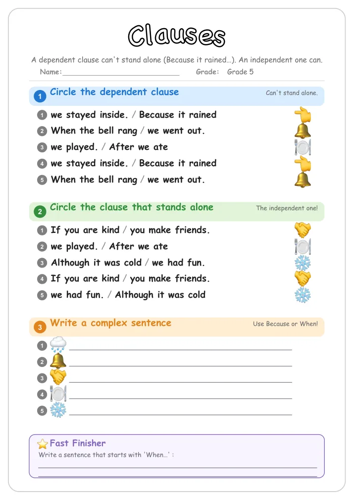 Clauses grammar worksheet for Grade 5