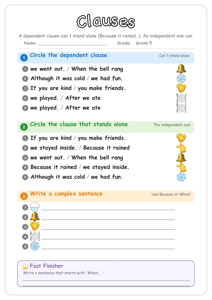 Clauses grammar worksheet for Grade 5