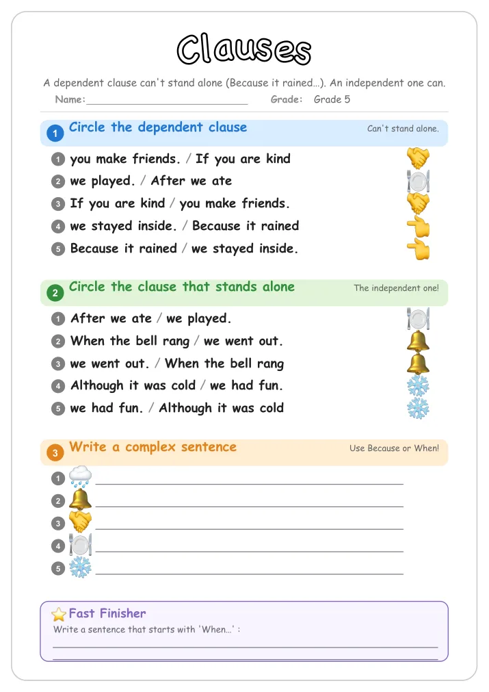Clauses grammar worksheet for Grade 5