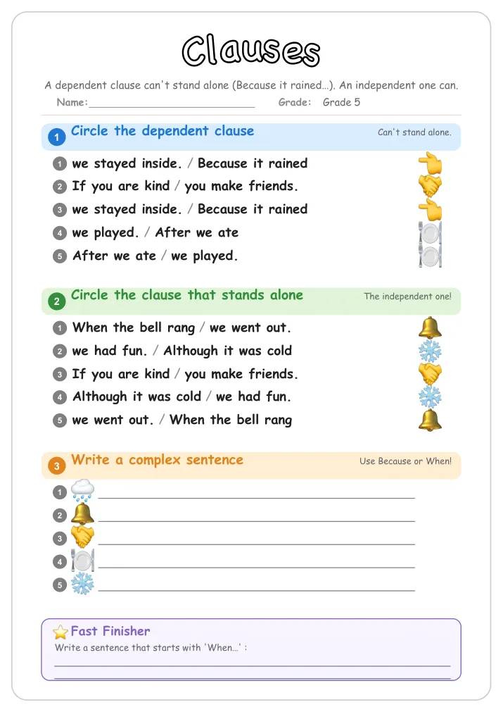 Clauses grammar worksheet for Grade 5